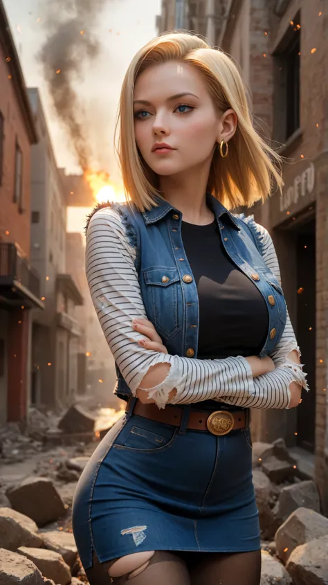 (ultra realistic,32k, masterpiece:1.2),(high detailed skin:1.1),( high quality:1.1),
android 18, 1girl, solo, (blue eyes:0.70), long hair, blonde hair, earrings,denim skirt, blue skirt, pencil skirt, black shirt, long sleeves, striped sleeves, brown belt, ...