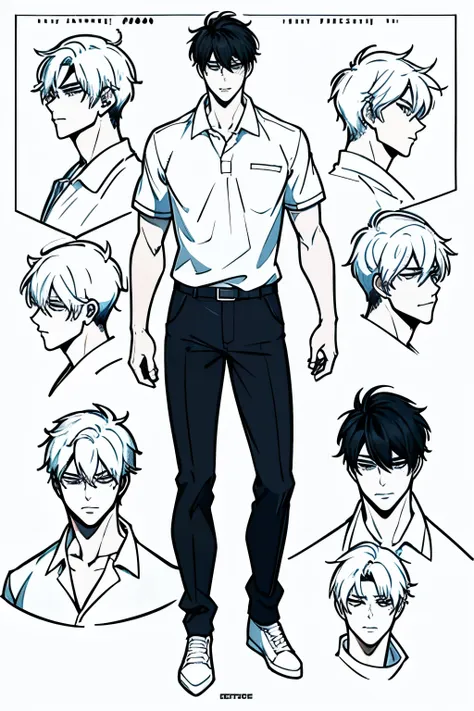 go eunhyuk from the webtoon called operation true love, concept art, character concept, handsome main character, white shirt wit...