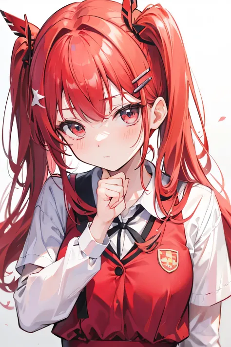 Red-haired girl with stand-up hair in school uniform and with star hair clips on both sides (itsuki) 