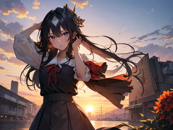 Solo, 1 girl, (human ears, earrings), (young face, figure, flat chest), (black hair, vertical rolls, long hair, hair tied in a big red ribbon, flower in bangs), (yandere expression), (((laying face on air mattress, hands on head, looking at camera))), (bla...