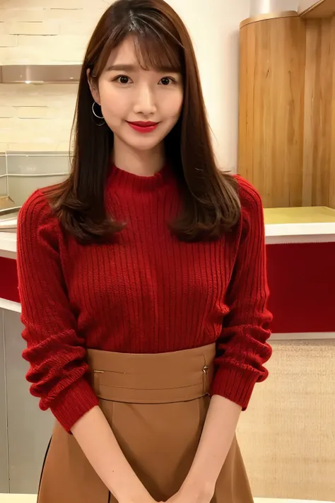 brown hair、 straight hair、with bangs、beautiful breasts、 slim body、red knitted sweater、brown mini skirt、standing in front of a co...