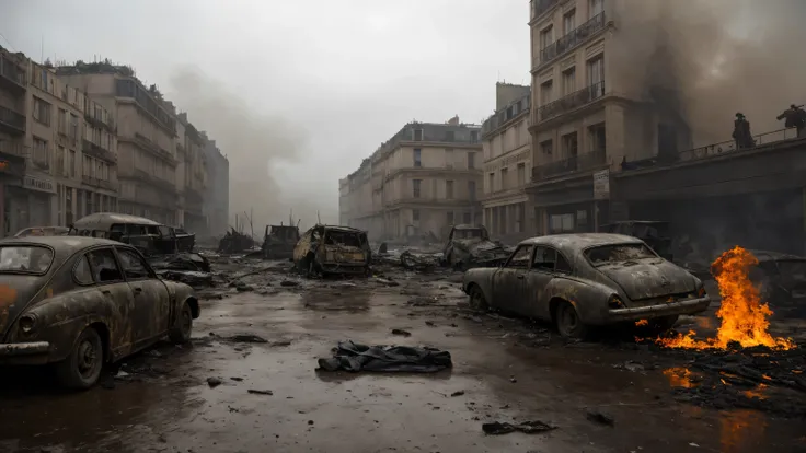 An hyper-realistic, (cinematic:1.2) , (high resolution:1.1) cinematic, realistic aftermath of a deadly ambush on an german ww2 patrol unit in a Parisian cobbled street, wet, raining,  scene shows dead soldiers, destroyed vehicles on fire and scattered equi...