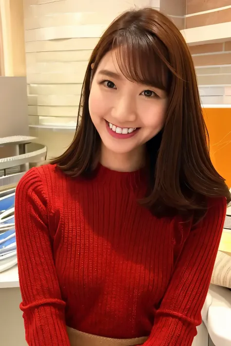 brown hair、 straight hair、with bangs、smile、beautiful breasts、 slim body、red knitted sweater、brown mini skirt、 i'm crossing my ha...