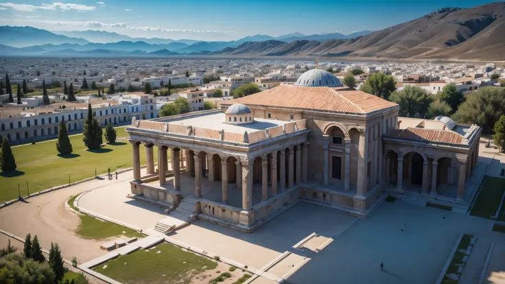 Create a high-resolution 8K cinematic image of Krossos Palace in Greece on a sunny day.