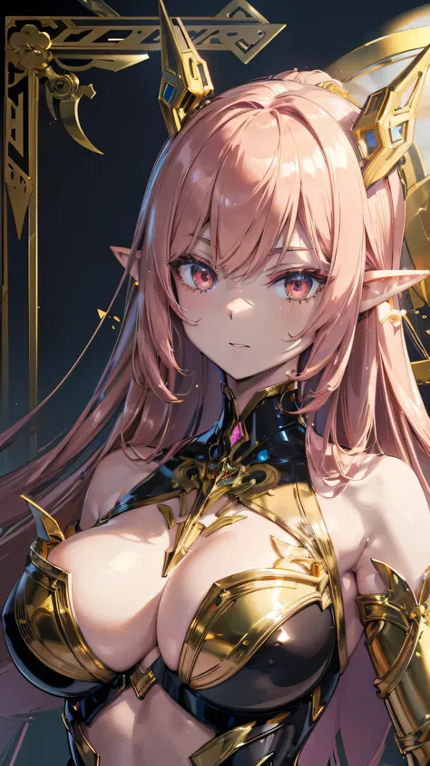 electronics, gold circuitry, gold wiring, buttons, mechanical parts, beautiful abstract ai model with elf ears, smooth shiny pink surface, pretty face, sexy, minimal, sleek, slender, asian, elegant, futuristic, retro, sophisticated, (half human half machin...