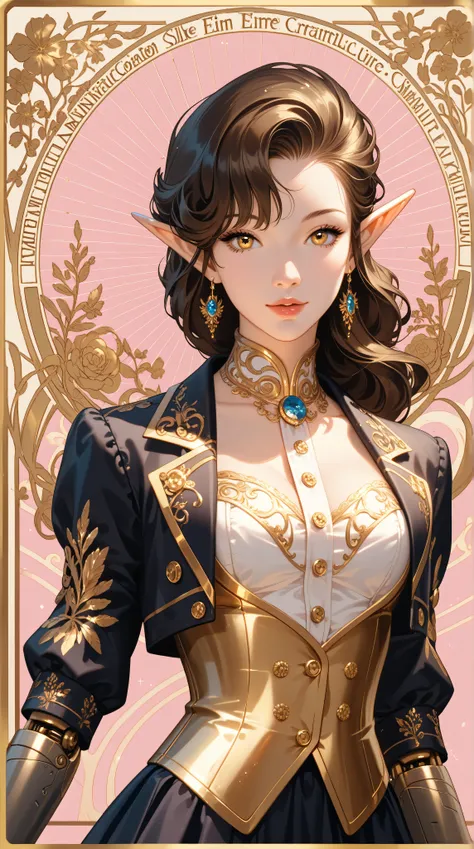 electronics, gold circuitry, gold wiring, buttons, mechanical parts, beautiful abstract ai model with elf ears, smooth shiny pink surface, pretty face, sexy, minimal, sleek, slender, asian, elegant, futuristic, retro, sophisticated, (half human half machin...