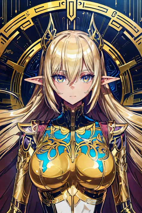 electronics, gold circuitry, gold wiring, buttons, mechanical parts, beautiful abstract ai model with elf ears, smooth shiny pink surface, pretty face, sexy, minimal, sleek, slender, asian, elegant, futuristic, retro, sophisticated, (half human half machin...