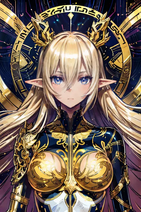 electronics, gold circuitry, gold wiring, buttons, mechanical parts, beautiful abstract ai model with elf ears, smooth shiny pink surface, pretty face, sexy, minimal, sleek, slender, asian, elegant, futuristic, retro, sophisticated, (half human half machin...