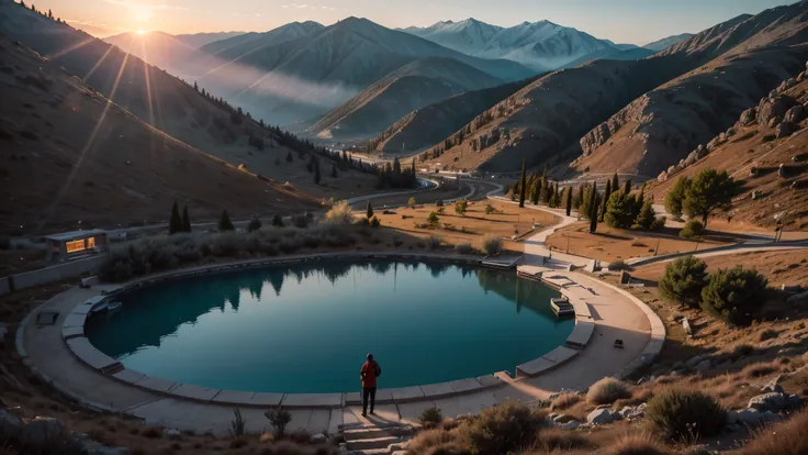  create a high resolution 8k cinematic image of Delphi Park, in Greece. The Sun is red in the background .