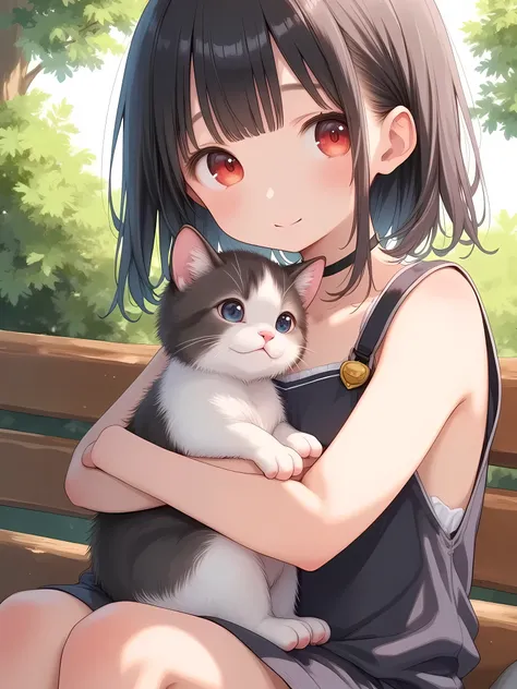 A girl with short black hair and red eyes with straight bangs sits smiling on a park bench,A cozy summer oil painting portrait of japanese girl with a cute cat, style by Atey Ghailan, the air is warm and still, and the only sound is the gentle chirping of ...