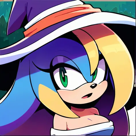 score_9, score_8_up, 2D, flat color, forest background, looking at viewer, 1girl, very detailed, extremely detailed, from the sonic the hedgehog series, portrait, curious expression, small open mouth, mix of confusion and shock, sound lines, makeup, (witch...