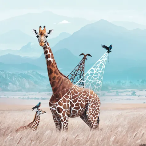 painting of a giraffe and two birds in a field, surreal hybrid animals, illustration in the golden ratio, beautiful painting of ...