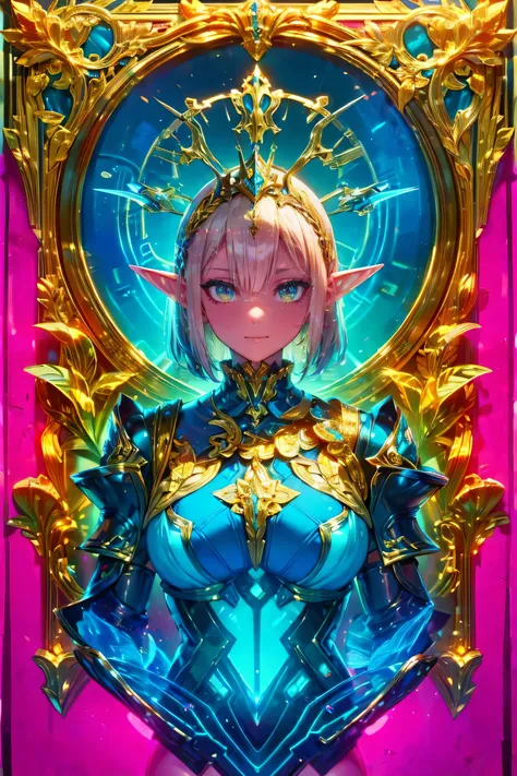 electronics, gold circuitry, gold wiring, buttons, mechanical parts, beautiful abstract ai model with elf ears, smooth shiny pink surface, pretty face, sexy, minimal, sleek, slender, asian, elegant, futuristic, retro, sophisticated, (half human half machin...