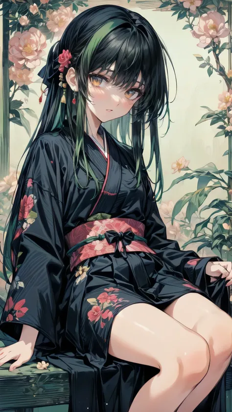 A mesmerizing surreal illustration of a young japanese woman. She has pastel green hair with blunt bangs, yellow eyes, and wears a vibrant pastel colored outfit adorned with intricate floral patterns. Freckles dot her smooth, warm complexion, and bold, col...