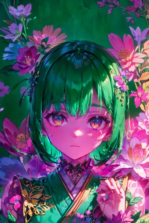 A mesmerizing surreal illustration of a young japanese woman. She has pastel green hair with blunt bangs, yellow eyes, and wears a vibrant pastel colored outfit adorned with intricate floral patterns. Freckles dot her smooth, warm complexion, and bold, col...
