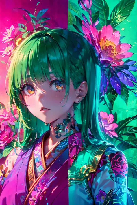 A mesmerizing surreal illustration of a young japanese woman. She has pastel green hair with blunt bangs, yellow eyes, and wears a vibrant pastel colored outfit adorned with intricate floral patterns. Freckles dot her smooth, warm complexion, and bold, col...