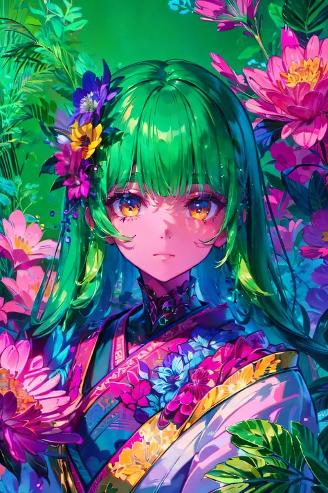 A mesmerizing surreal illustration of a young japanese woman. She has pastel green hair with blunt bangs, yellow eyes, and wears a vibrant pastel colored outfit adorned with intricate floral patterns. Freckles dot her smooth, warm complexion, and bold, col...