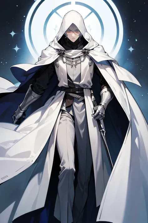 Tall man silver-colored eyes, ashy skin and hair ,  silver cape and hood on his head. face hidden 