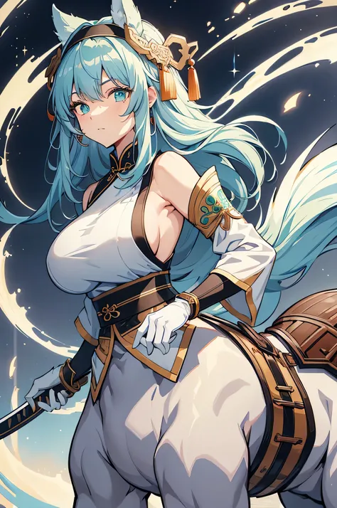 4K, high definition ,One Woman,Centaur, light blue hair , long hair , green eyes, brown fur, huge boobs from afar,Ancient Chinese Swordsman ,White Chinese dress,Sleeveless, white long gloves, headband, longsword ,Jewelry decoration,Ancient Chinese Towns 