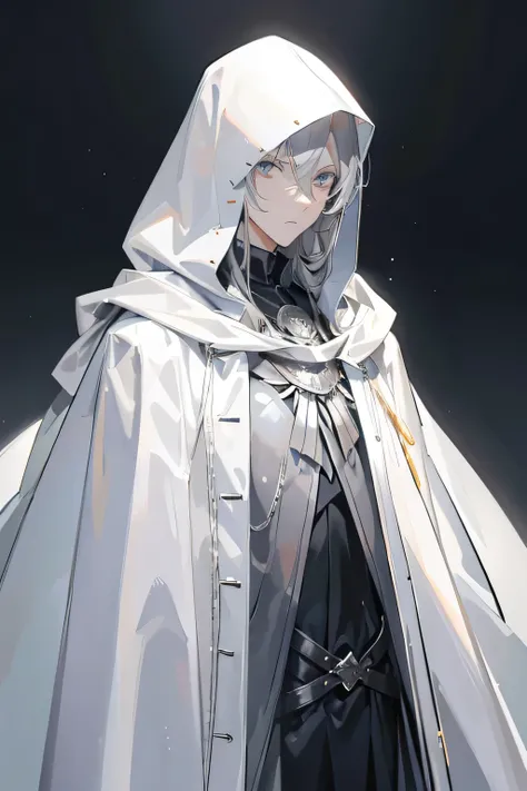 Tall man silver-colored eyes, ashy skin and hair ,  silver cape and hood on his head. face hidden 