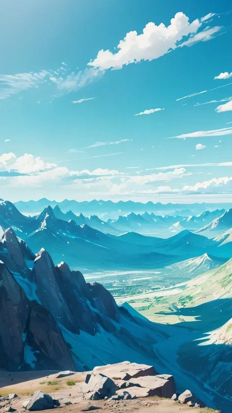 Clear sky, turquoise mountains, vast horizon with a surreal landscape 