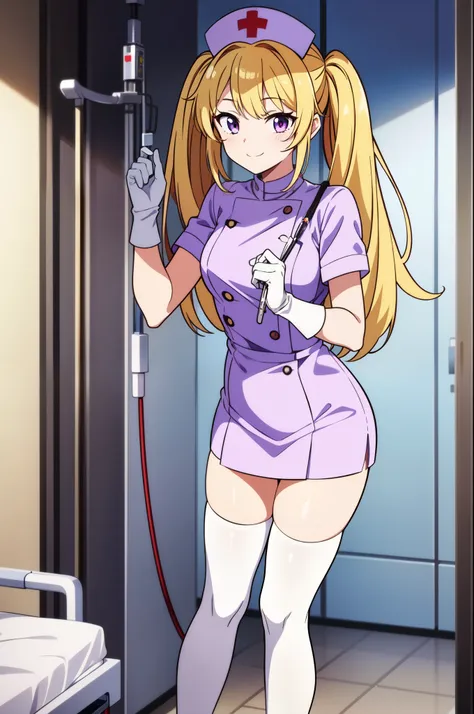 1girl, solo, nurse, nurse cap, white nurse uniform, ((white legwear, zettai ryouiki)), white gloves, twintails, yellow hair, purple eyes, smile, standing, ((hospital room)), sharp outline, short sleeves, best quality, masterpiece