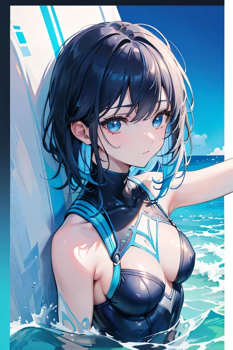 A female surfer carving a wall of deep blue water, the waves glistening in the sunlight.(Detailed Clothing Features, Detailed Hair Features, Detailed Facial Features), (Masterpiece, Top Quality, Super High Resolution Output Image, Border Depth Writing, Int...