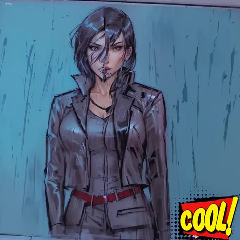 drawing of a woman in a suit with a red belt, she is wearing a wet coat, comic book character, comic book arzach style, rain!!!!, comic drawing style, comicbook style, comic card style, comic character, comic styled, comic drawing, with a cool pose, in a m...