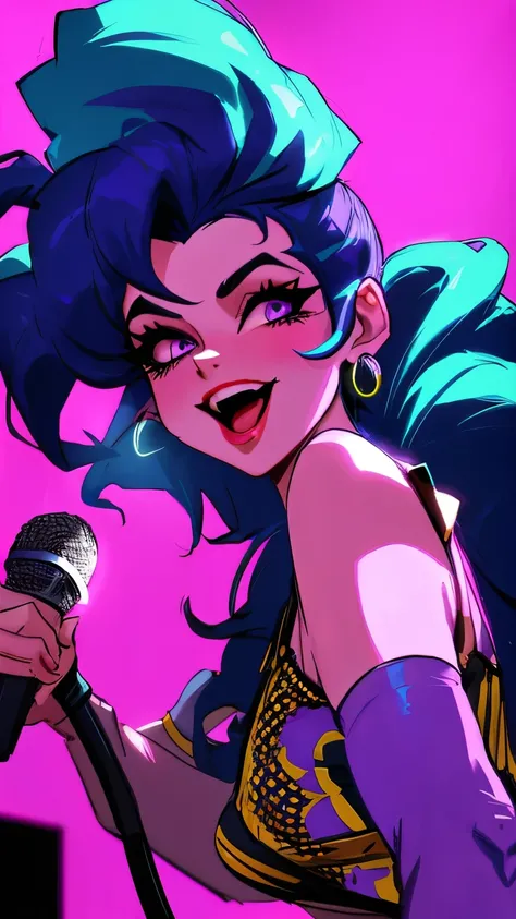 " Amy Winehouse on a stage illuminated by neon lights.  She is singing with a vintage microphone , with stylized hive hair .  The lighting creates a vibrant atmosphere , with shades of purple, blue and lilac.  Amy has an ecstatic expression as she sings , ...