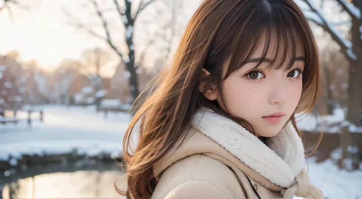 High Definition, 4K, photo quality, realistic, soft light source, wide shot, Japanese, one girl, pretty girl, 20 years old, brown eyes, parted bangs, brown hair, medium hair, looking at camera, upper body.
Clothing: long white coat, beige knit dress, long ...