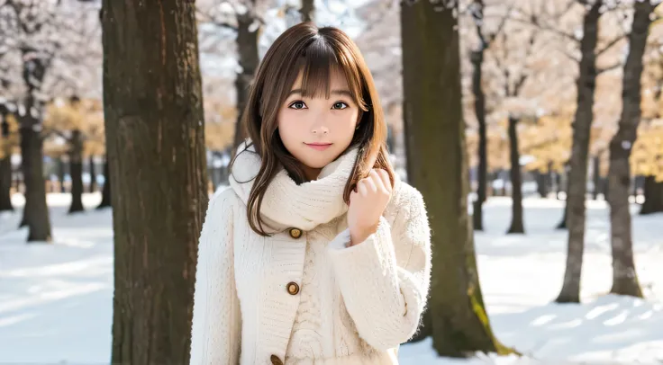 High Definition, 4K, photo quality, realistic, soft light source, wide shot, Japanese, one girl, pretty girl, 20 years old, brown eyes, parted bangs, brown hair, medium hair, looking at camera, upper body.
Clothing: long white coat, beige knit dress, long ...