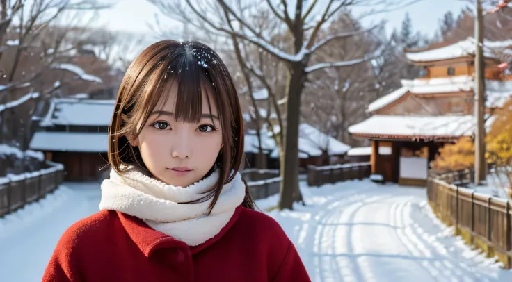 High Definition, 4K, photo quality, realistic, soft light source, wide shot, Japanese, one girl, pretty girl, 20 years old, brown eyes, parted bangs, brown hair, medium hair, looking at camera, upper body.
Clothing: bright red down coat, black skinny pants...