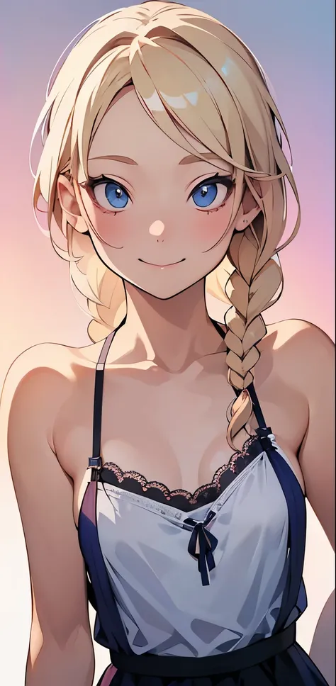 Realistic、1house wife、blonde hair、braid、blue eyes、(eye focus:1.3,face focus,upper body),(gradient eyes:1.3),(camisole　sexy　panties
)、(forced smile:1.3),single braid,cute face、(tareme:1.3),(small breasts:1.3),