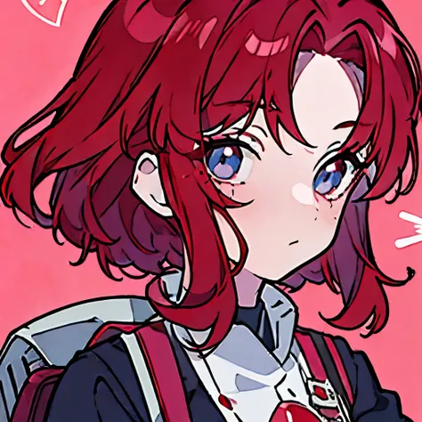 [1 girl], [staring at viewer],wine red hair, [curls], [pink tinted], eyelashes of wine red color, deep blue eyes, beauty marks, [2 marks, one below each of her 2 eyes], school uniform, [pants and long sleeved], bagpack, tidy uniform, anime style, anime pok...