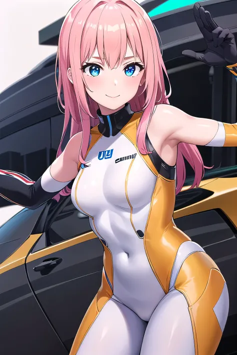 1girl,Samus aran,solo,blue eyes, pink hair, forehead hair, Rainbow bodysuit in red, orange, yellow, green, blue, indigo, and violet, paired with white sneakers, loose wavy hairstyle, smokey eye makeup, a sultry smile, standing in front of a luxurious yacht...