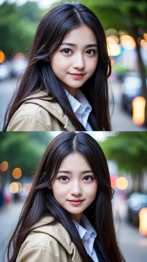 (BEST QUALITY, MASTERPIECE, ULTRA HIGH RESOLUTION, (PHOTOREALISTIC:1.4), RAW PHOTO, DEPTH OF FIELD,PROFESSIONAL LIGHTING), at street, (1girl, (15-years-old), most popular Japanese-idol, looking at viewer, (innocent smile), model pose), (((extremely realist...