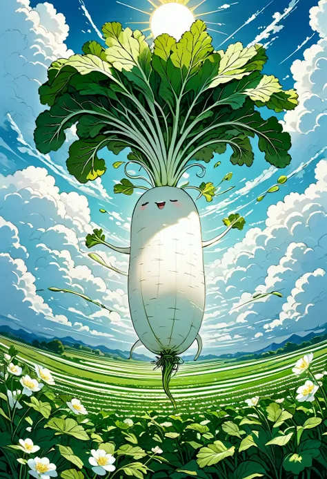 masterpiece, best quality, intricate detailed, 
illustration of japanese white radish, digital art, long radish, happily spinnin...