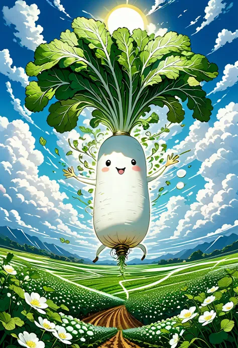 masterpiece, best quality, intricate detailed, 
illustration of japanese white radish, digital art, long radish, happily spinnin...