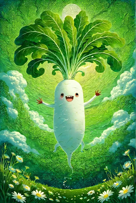 masterpiece, best quality, intricate detailed, 
illustration of japanese white radish, digital art, long radish, happily spinnin...