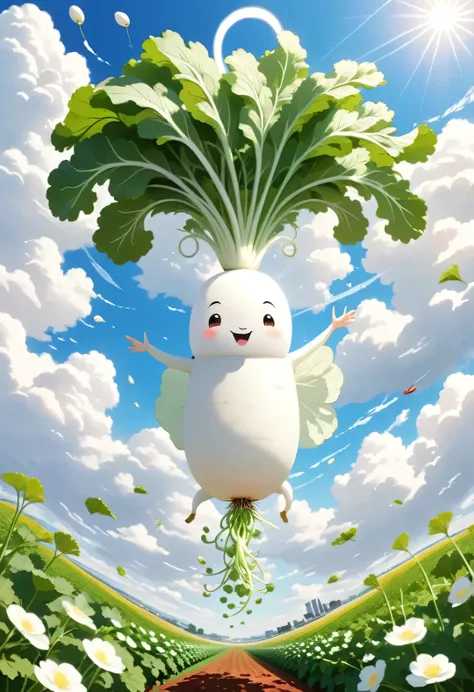 masterpiece, best quality, intricate detailed, 
illustration of japanese white radish, digital art, long radish, happily spinnin...