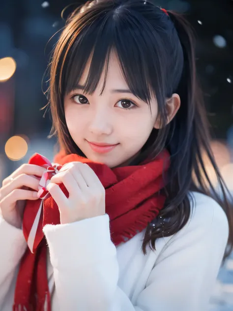 (Close-up face shot of one slender small breasts two side up black medium hair with bangs girl in a winter white long coat and red scarf:1.5)、(One girl is holding a big gift box in arms with happy smile:1.5)、(Very beautiful Christmas illumination night:1.5...