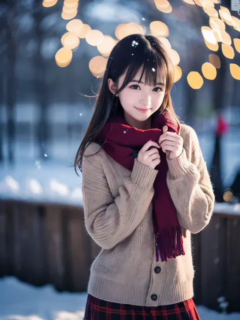 (Close-up face shot of one slender small breasts half up brown long hair with bangs girl in a knit sweater and skirt with winter long coat and  scarf:1.5)、(One girl is holding a big gift box in arms with happy smile:1.5)、(Very beautiful Christmas illuminat...