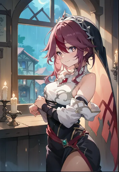 1girl, Rosaria, Genshin Impact, sexy pose, alluring smile, blush, steam, fantasy tavern bedroom, standing by the window, undressing, at night, raining outside, candles in the background, beautiful lighting and shadows,