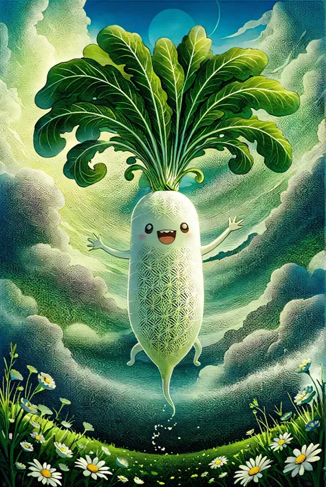 masterpiece, best quality, intricate detailed, 
illustration of japanese white radish, digital art, long radish, happily spinnin...