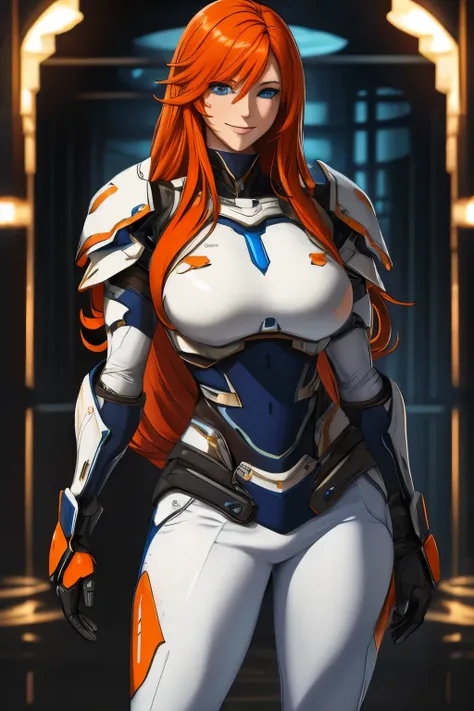 masterpiece, best quality, Woman , pretty face, long orange hair, ginger hair, blue eyes, smiling, White cyber armor, black pants,