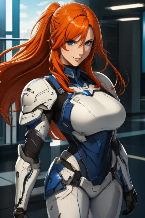 masterpiece, best quality, Woman , pretty face, long orange hair, ginger hair, blue eyes, smiling, White cyber armor, black pants,