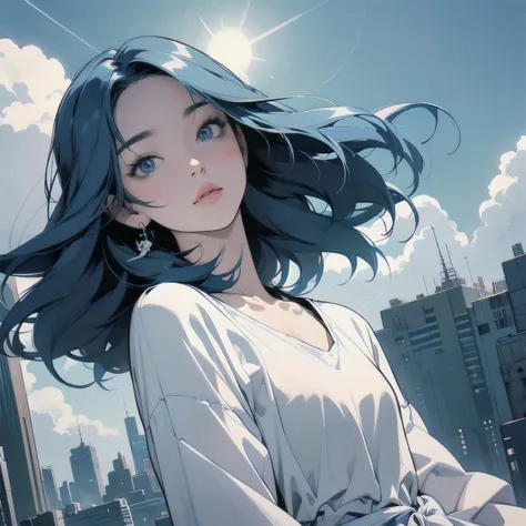  illustrator 、anime、sketch、Simple colors、monochromatic、No Shading、(((A futuristic city in the sky a woman)))、(((Flat Chest)))、head shot、((((more various angle))))、(((Perfect Face)))、(((Detailed Hair)))、Trigun、Persona、(((looking up at the sky)))、 white t-sh...