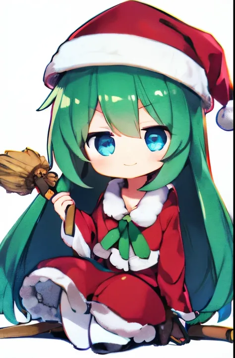 Solid black, high quality, shiny blue eyes, voluminous dark green hair, dressed as Santa, holding broom, broomstick, droopy eyes, kind smile, closed mouth smile, one girl, blue eyes, voluminous dark green hair, dark green hair, long straight hair, big droo...