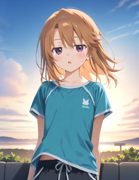 1girl, yuuki_haru, tomboy, medium hair, brown hair, flat chest, black eyes, jitome, shorts, open mouth, sweat, outdoors, wind, game CG break,((artist:shida_kazuhiro)),(artist:mitsumi_misato),(artist:fujiyama),,(masterpiece), (best quality), (ultra-detailed...