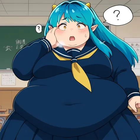 score_9, score_8_up, score_7_up, source_anime,
uruseiyatsuralum, lum, long hair, bangs, blue hair, orange eyes, horns, pointy ears, aqua hair, oni horns, eyeshadow,
shirt, long sleeves, school uniform, serafuku, sailor collar, neckerchief, yellow neckerchi...